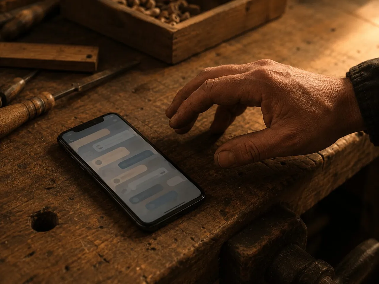 Handwerker beantwortet auf der Werkbank am Smartphone eine Kundenanfrage — die Nachricht ist sofort raus, ohne das Werkzeug aus der Hand zu legen.