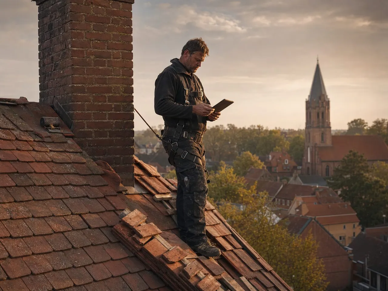 Dachdeckerbetriebe mit Sicherheitsgeschirr auf einem frisch eingedeckten Ziegeldach in Westmecklenburg, im Hintergrund der Kirchturm einer Kleinstadt im Abendlicht.