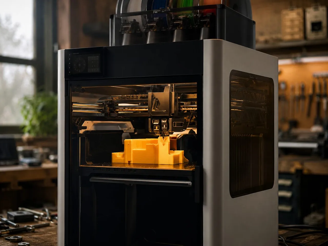 FDM-3D-Drucker in der Werkstatt in Rastow druckt ein orangefarbenes Bauteil — die Düse legt Schicht für Schicht in der hell beleuchteten Werkstatt.