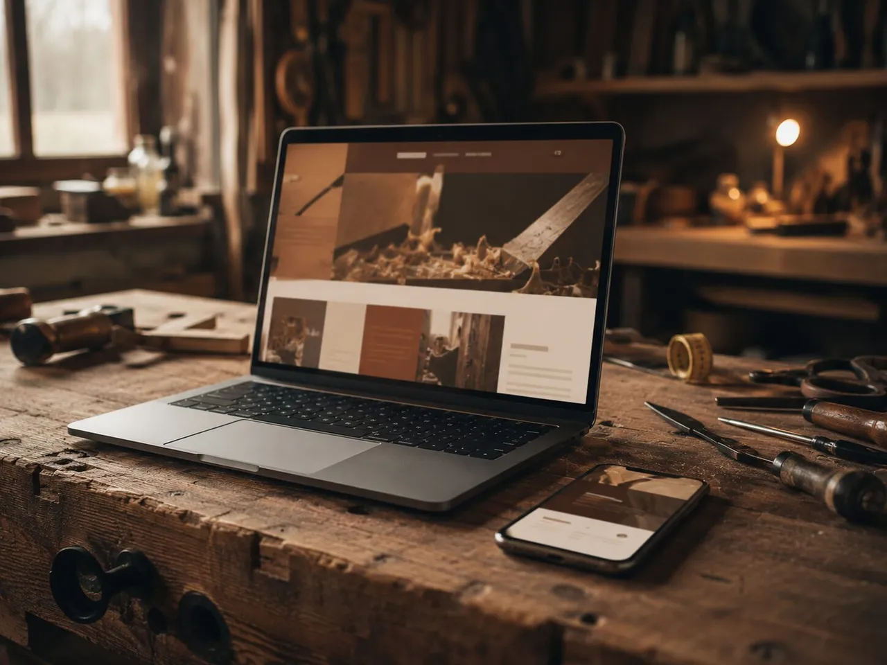 Laptop in einer warm beleuchteten Tischlerwerkstatt zeigt die fertige Website des Betriebs, daneben ein Smartphone mit derselben Seite.
