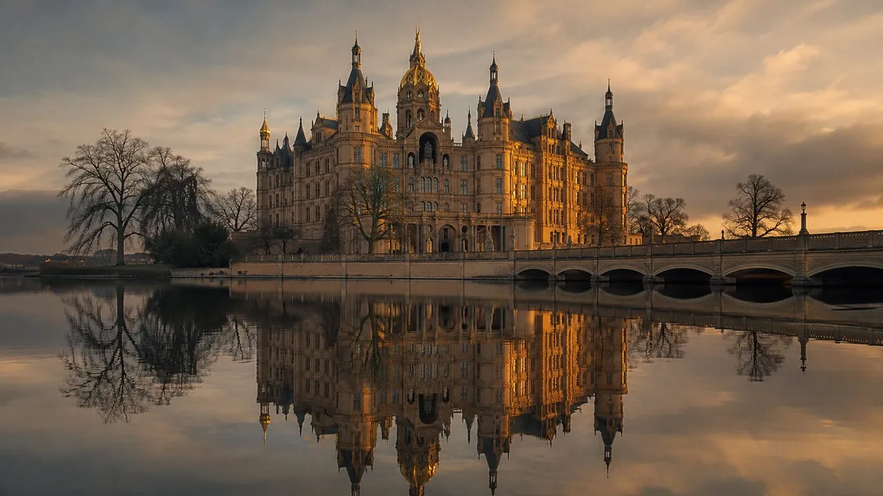 Das Schweriner Schloss spiegelt sich im Abendlicht im Schweriner See — Wahrzeichen der Region Westmecklenburg.