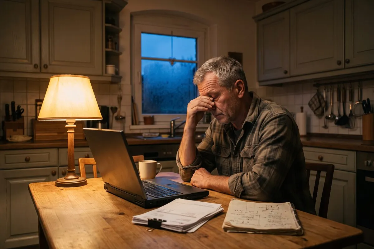 Handwerksmeister sitzt abends am Küchentisch über Laptop und Papierkram — der Bürokram wartet nach Feierabend.