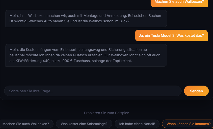 Chatbot-Demo: Wallbox-Anfrage bei Elektro Müller