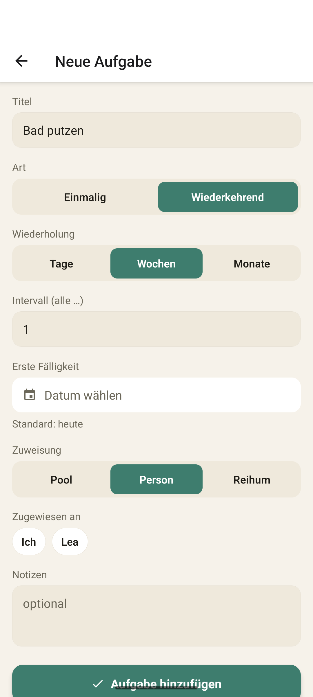 Aufgabe anlegen — mit Wiederholung und Zuweisung