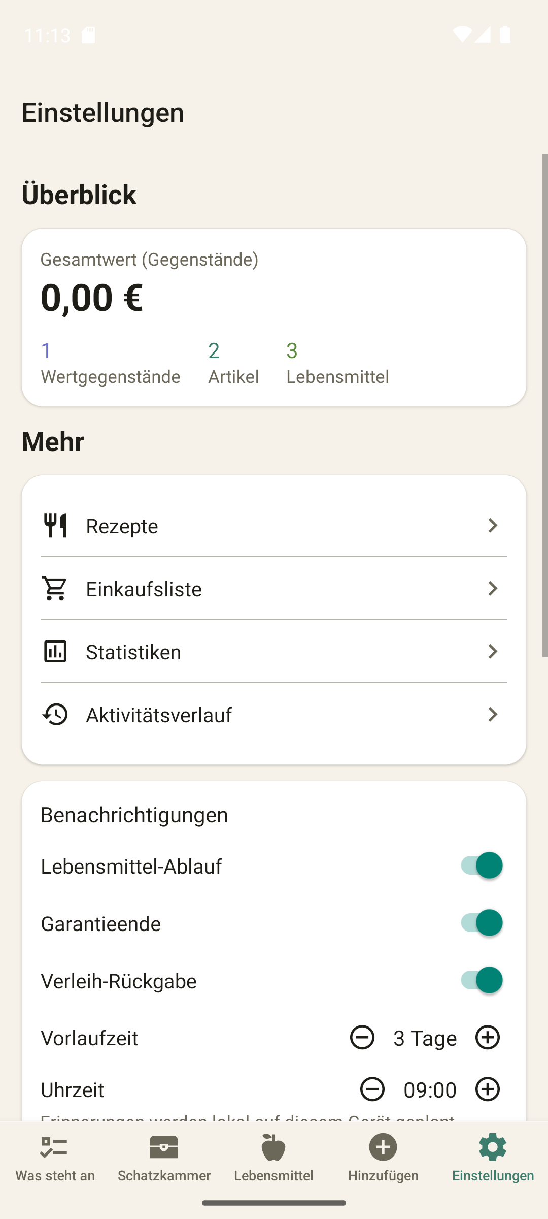 Einstellungen — lokal-only, ohne Konto