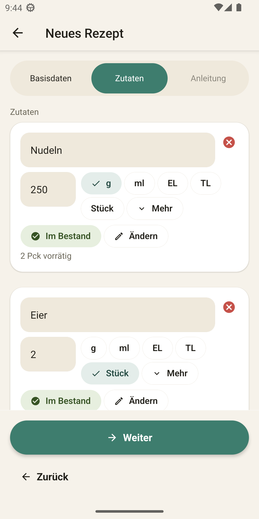Rezept anlegen — Zutaten mit Bestandsabgleich