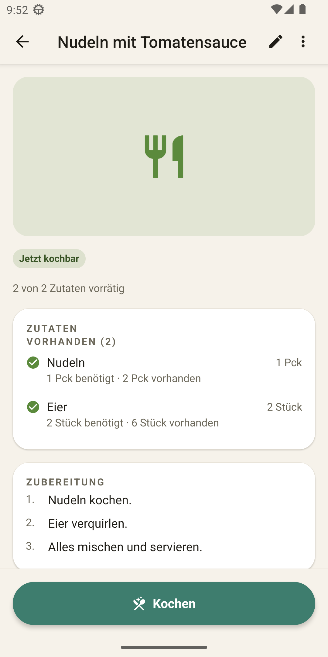 Rezept — „jetzt kochbar" samt Abbuchen der Zutaten
