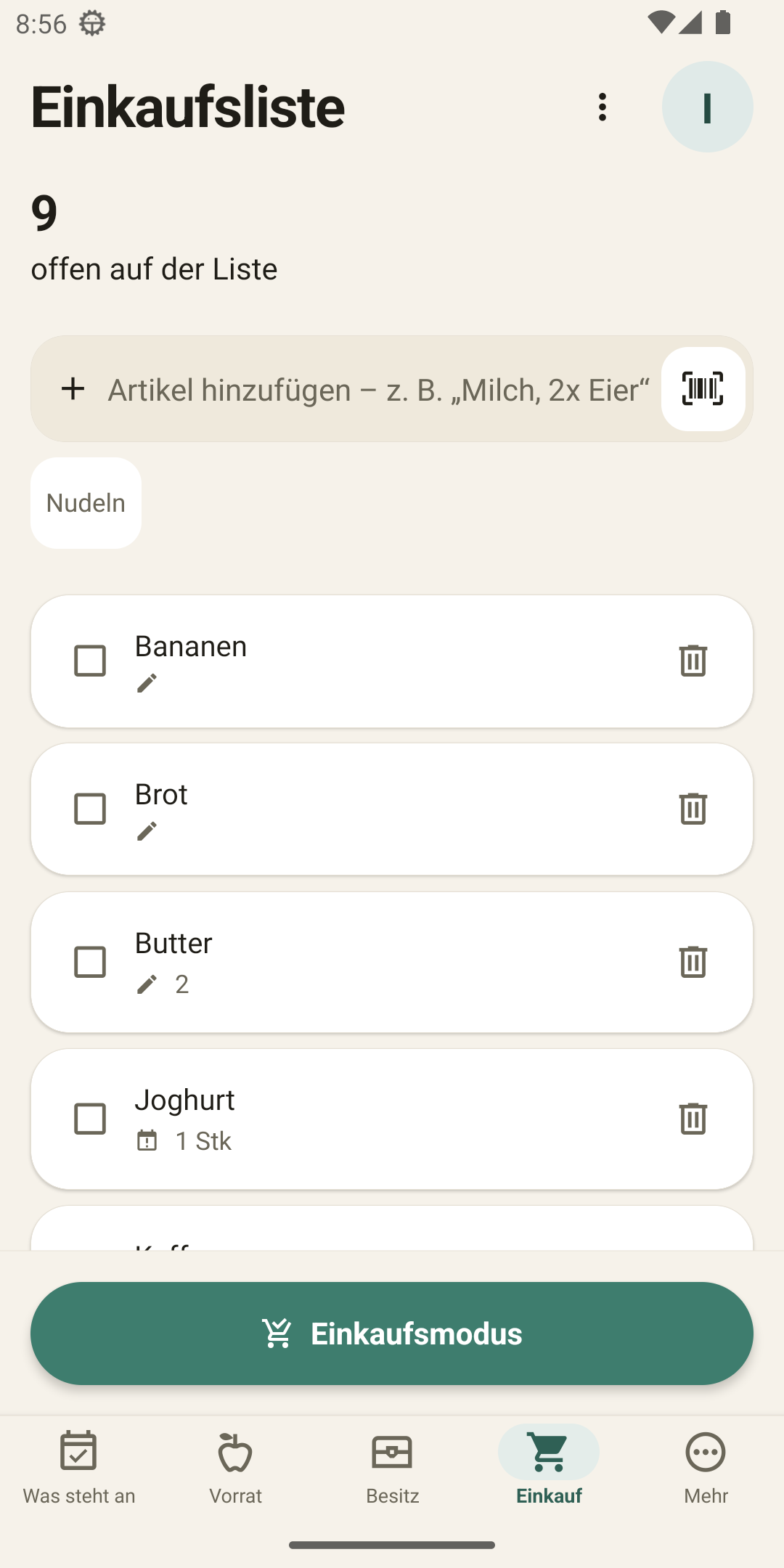 Einkaufsliste — mit Barcode-Scan und Einkaufsmodus